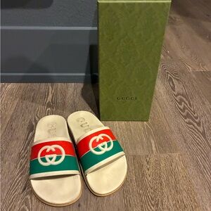 Gucci Cream Slides with Red and Green Stripes